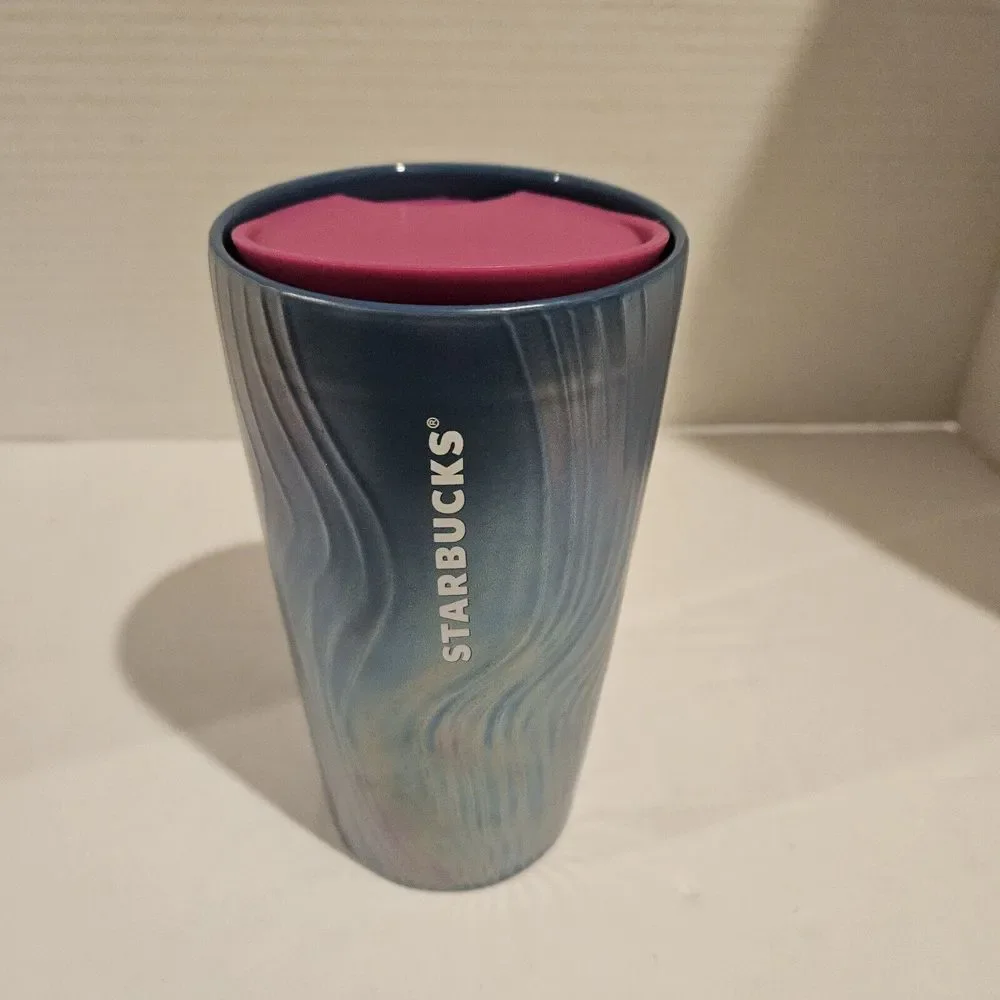 STARBUCKS TURQUOISE W RIPPLES OF‎ FUCHSIA TUMBLER CERAMIC 12 OZ. HOT/COLD NEW!!!